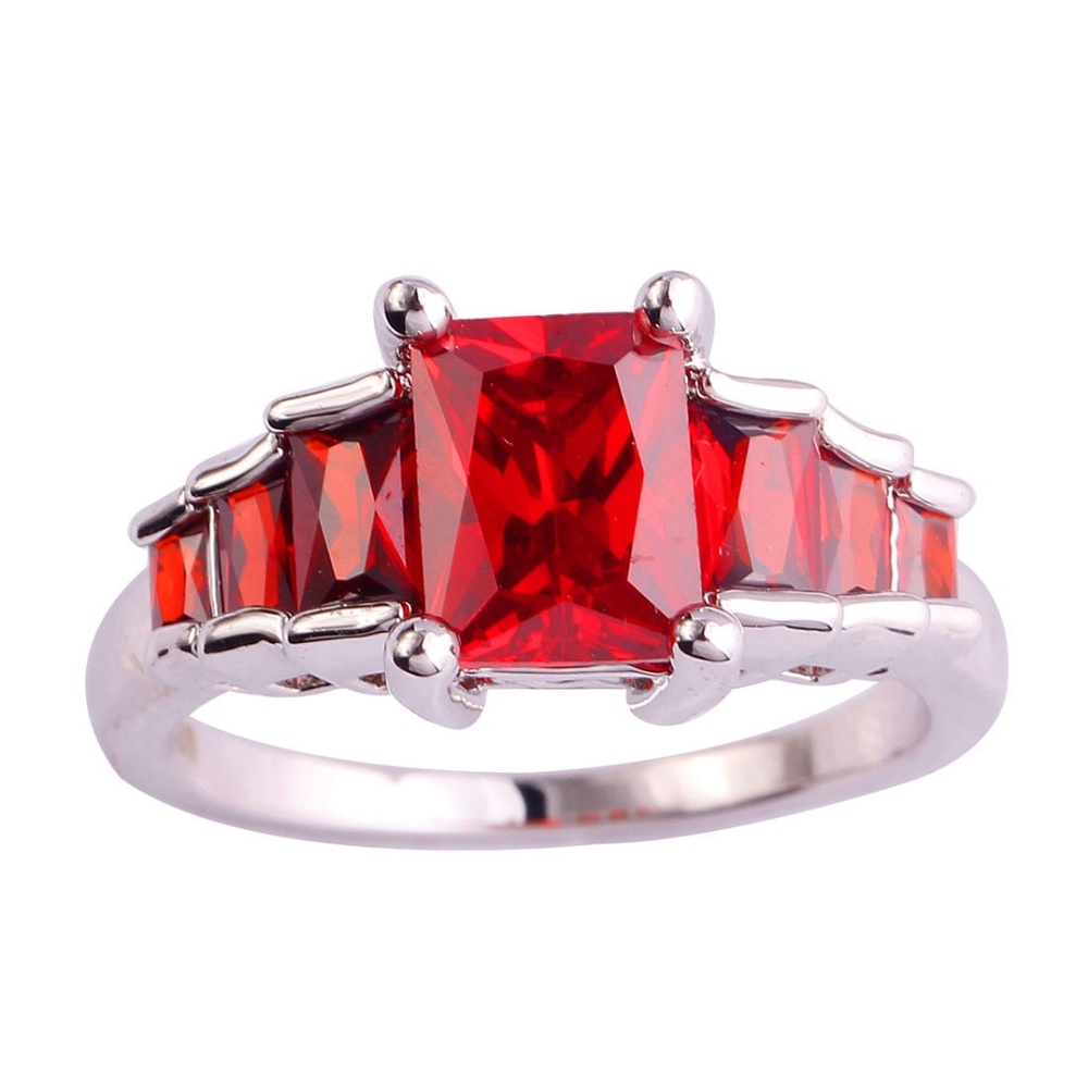 3.4‎ TCW Red Garnet Silver Tone Emerald Cut Ring 7